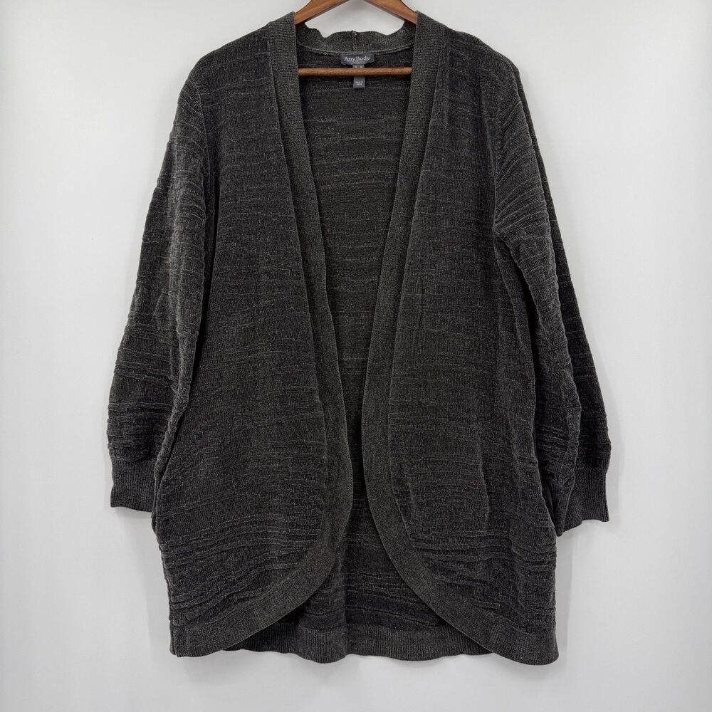 AnyBody Grandpa Cardigan Womens M Charcoal Gray Chenille Open Front Cocoon